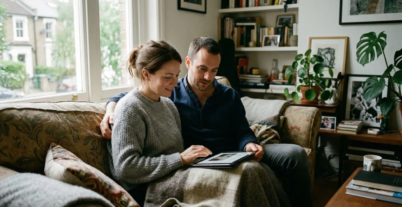 Un couple assis dans un canapé regarde attentivement une tablette posée sur leurs genoux, lumière naturelle de fenêtre dans un salon moderne