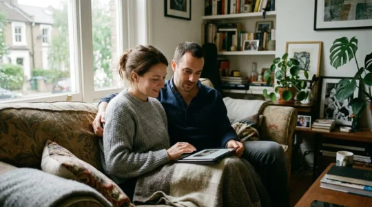 Un couple assis dans un canapé regarde attentivement une tablette posée sur leurs genoux, lumière naturelle de fenêtre dans un salon moderne