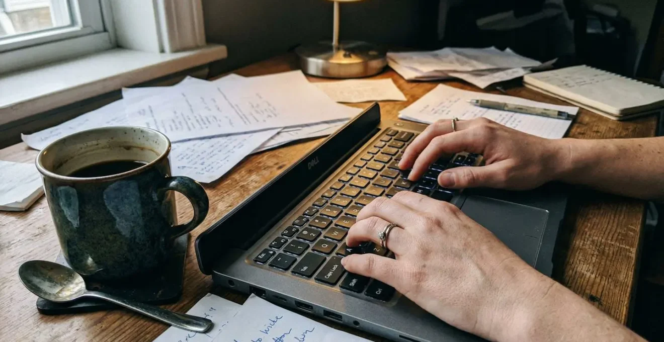Mains tapant sur un clavier de laptop avec une tasse de café à côté sur un bureau légèrement encombré de papiers
