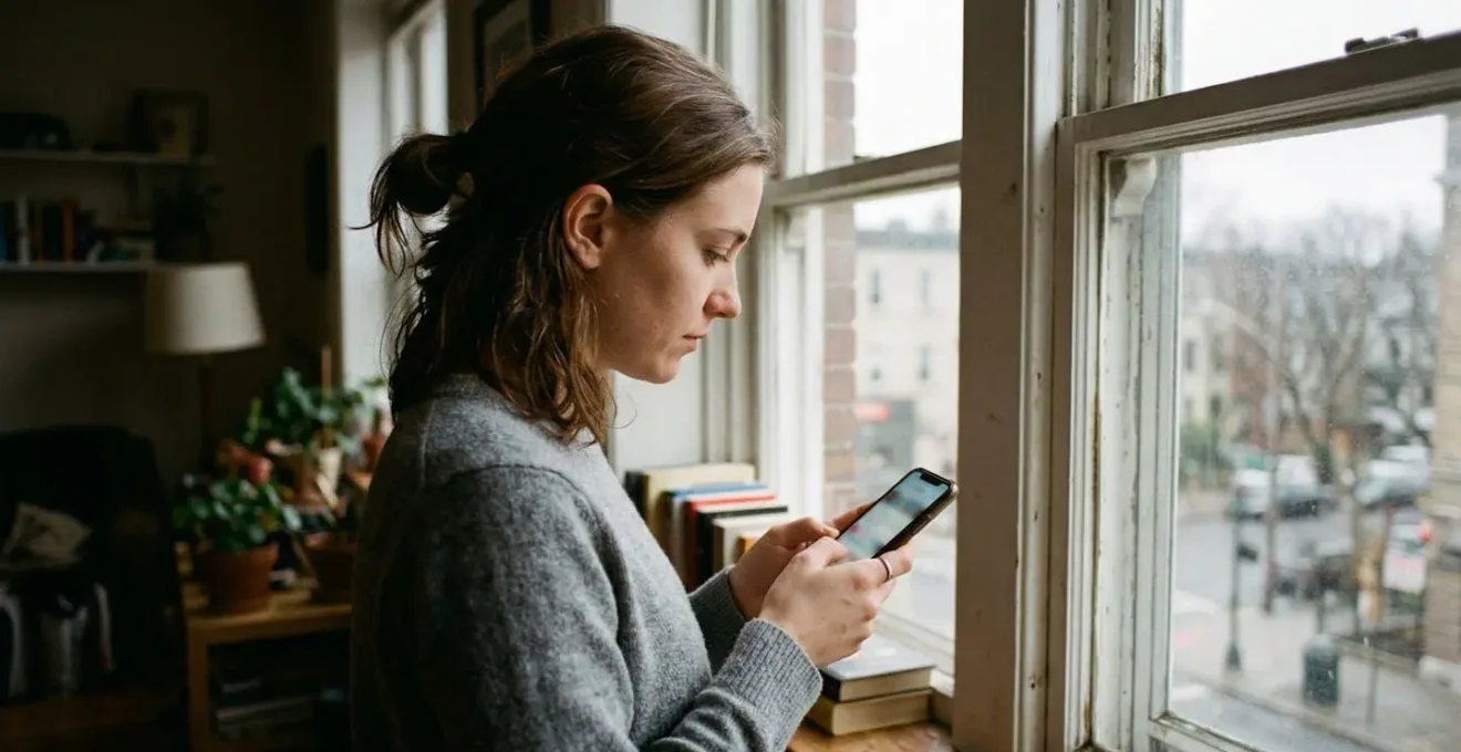 Personne de profil consultant son smartphone debout près d'une fenêtre d'appartement avec lumière naturelle latérale